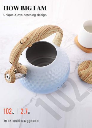 BELANKO 2.7 Quart Tea Kettle for Stovetop - Food Grade Stainless Steel with Diamond Texture, Designer Teapot Look, Cool-Touch Wood Pattern Handle, Whistling Spout - Gradient Blue