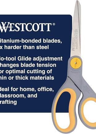Westcott 8-Inch Titanium-Bonded Scissors with Adjustable Glide Feature for Office and Home - Gray/Yellow
