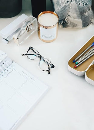 Three by Three Seattle 3 Piece Shallow Metal Organizer Tray Set for Storing Makeup, Stationery, Utensils, and More in Office Desk, Kitchen and Bathroom Drawers (1 Inch, Gold and White)