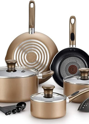T-fal B036SE64 B036SE Excite ProGlide Nonstick Thermo-Spot Heat Indicator Dishwasher Oven Safe Cookware Set, 14-Piece, Bronze