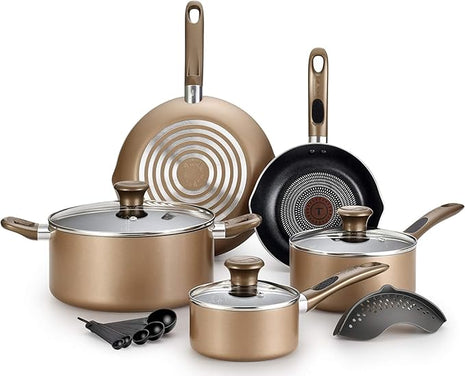 T-fal B036SE64 B036SE Excite ProGlide Nonstick Thermo-Spot Heat Indicator Dishwasher Oven Safe Cookware Set, 14-Piece, Bronze