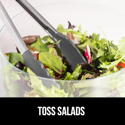 GORILLA GRIP Stainless Steel Heat Resistant Kitchen Tongs for Cooking, Set of 2 BBQ Tong, Non Scratch Silicone Tip for Pans, Strong Grip, Grab Food, Toss Salad, Air Fryer, Pull Lock, 7 + 9 Inch, Gray