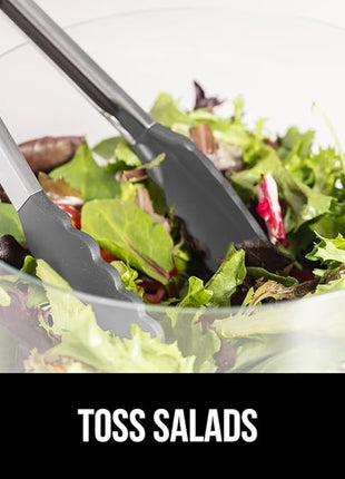 GORILLA GRIP Stainless Steel Heat Resistant Kitchen Tongs for Cooking, 9 + 12 Inch, Set of 2 BBQ Tong, Non Scratch Silicone Tip for Pan, Strong Grip, Grab Food, Toss Salad, Air Fryer, Pull Lock, Gray