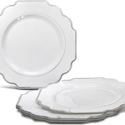 " OCCASIONS " 240 Plates Pack (120 Guests) Heavyweight Wedding Party Disposable Plastic Plates Set -120 x 10.5'' Dinner + 120 x 8'' Salad/Dessert Plate (Imperial in White & Silver Rim)