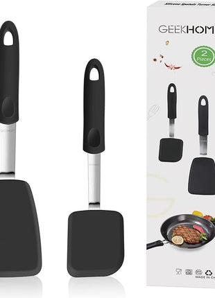 Silicone Spatula Turner Set of 2, GEEKHOM 600°F Heat Resistant Flexible Kitchen Small Spatulas Set for Nonstick Cookware, Cooking Utensils Non Scratch or Melting Flipper,Ideal for Egg,Pancake Baking