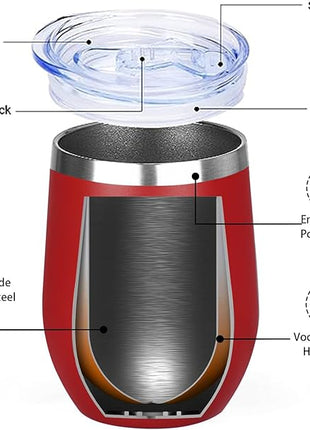 MEZMUT 12 Oz Insulated Wine Tumbler with Lid Double Wall Vacuum Stainless Steel Wine Glass Coffee Mug Insulated Tumbler Cup for Champaign, Cocktail, Beer (Red, 1 Pack)