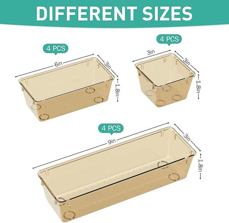 WOWBOX 12 Pack Clear Drawer Organizer Set, Acrylic Drawer Storage Trays, Storage Bins for Makeup, Cosmetics, Jewelries, Utensils, Gadgets, Office, Champagne