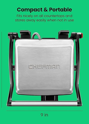 Chefman Panini Press Grill and Gourmet Sandwich Maker Non-Stick Coated Plates, Opens 180 Degrees to Fit Any Type or Size of Food, Stainless Steel Surface and Removable Drip Tray, 4 Slice, Black