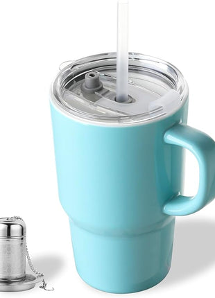 Sweejar Ceramic Travel Mug with Lid, 16 oz Portable Coffee Mug, Dishwasher Safe Tea Cup with Infuser, Reusable Teacup for Car Cup Holder, Tea Lovers(Turquoise)