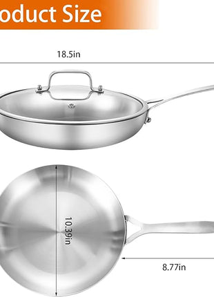 DELARLO 10inch Tri-Ply Stainless Steel Pan with lid, Induction Stainless Steel Frying Pan With Lid, Oven Safe Skillet 10in, Heat quickly and evenly, Durable Stainless Steel Cookware