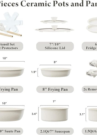 Ceramic Nonstick Cookware Set, Healthy,Non Toxic,17-Pieces Pots and Pans Set Removable Handles,Induction RV Kitchen Set,Stain & Scratch-resistant,Dishwasher/Oven Safe,PFAS/PFOA Free,Cream White