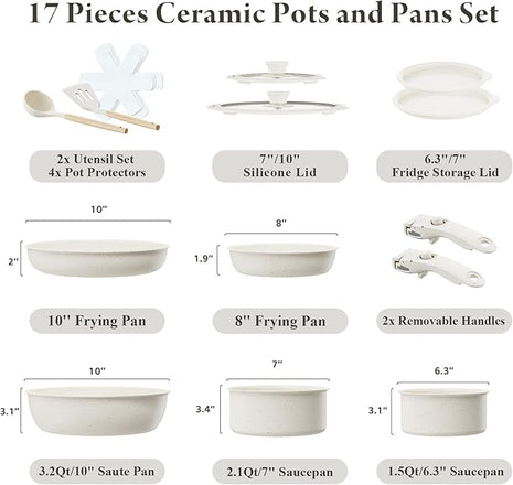 Ceramic Nonstick Cookware Set, Healthy,Non Toxic,17-Pieces Pots and Pans Set Removable Handles,Induction RV Kitchen Set,Stain & Scratch-resistant,Dishwasher/Oven Safe,PFAS/PFOA Free,Cream White