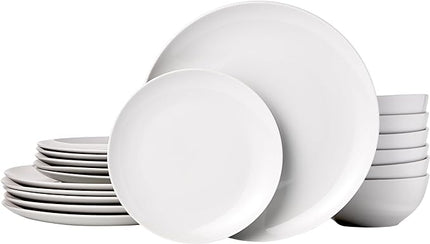 Amazon Basics Dinnerware Set, Microwave and Dishwasher Safe, Service for 6, 18-Piece Complete Kitchen, Plates, Dishes, Bowls, White Porcelain Coupe