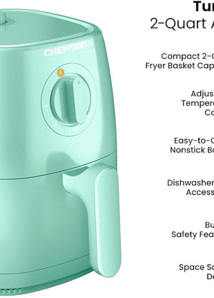 Chefman TurboFry 2-Quart Air Fryer, Dishwasher Safe Basket & Tray, Use Little to No Oil For Healthy Food, 60 Minute Timer, Fry Healthier Meals Fast, Heat And Power Indicator Light, Temp Control, Mint