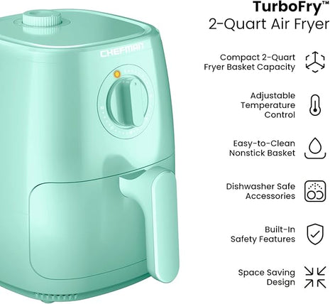 Chefman TurboFry 2-Quart Air Fryer, Dishwasher Safe Basket & Tray, Use Little to No Oil For Healthy Food, 60 Minute Timer, Fry Healthier Meals Fast, Heat And Power Indicator Light, Temp Control, Mint