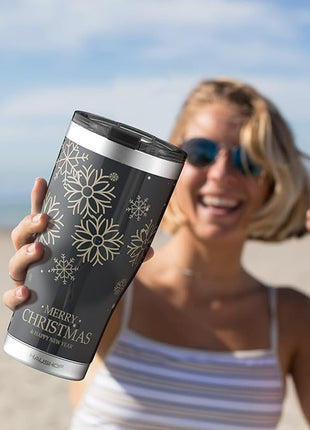 HAUSHOF 20oz Christmas Tumbler, Stainless Steel and Double Wall Insulated Travel Coffee Mug with Lid, Good Choice for Christsmas Gifts-Black with Snowflakes