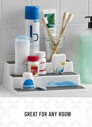 Copco 3-Tier Spice Rack Organizer for Cabinet or Pantry, 10-Inch Non-Skid Tiered Shelf, White/Gray Design Holds Spice Jars, Cans, and Bottles