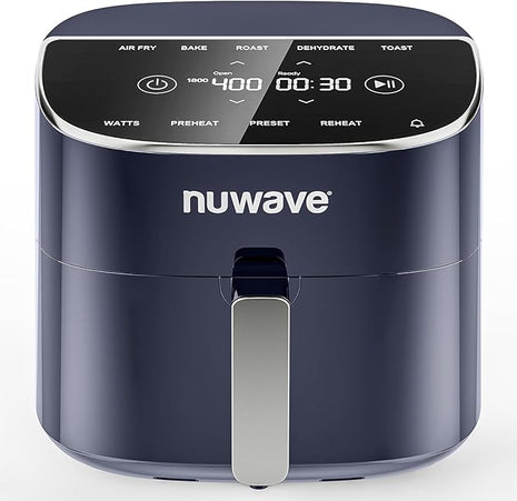 Nuwave Brio Plus 8 Qt Air Fryer, PFAS Free, New & Improved, Digital Touch Screen, Cool White Display, 50°F~400°F in Precise 5°, 5 Cook Functions, 100 Presets & 50 Memory, 3 Wattages 700, 1500, 1800