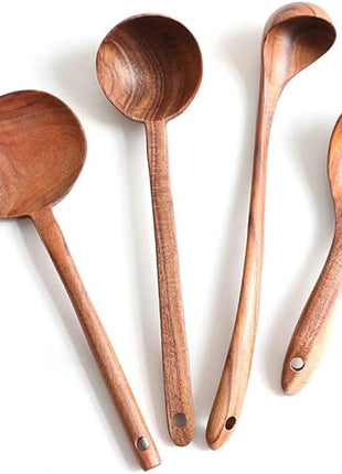 FJNATINH Wooden Soup Ladle Set, Kitchen Spoon Set Utensils, 4 Pcs Handmade Natural Teak Cooking Spoons, Long Handle Wooden Soup Ladle Spoon
