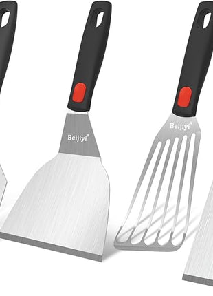Beijiyi Stainless Steel Spatula Set, 4 Pack Small Metal Turner Spatulas for Kitchen Use, Cooking Utensils with Silicone Handle, Flipper Spatula for Fish, Egg, Smash Burger and Cookie Serving