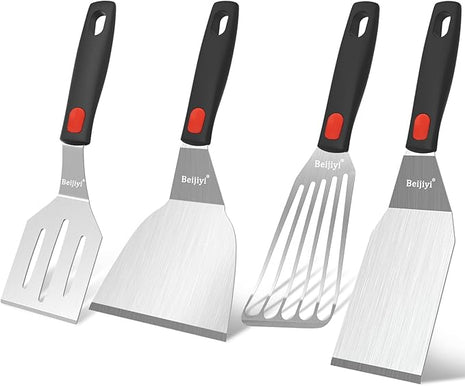 Beijiyi Stainless Steel Spatula Set, 4 Pack Small Metal Turner Spatulas for Kitchen Use, Cooking Utensils with Silicone Handle, Flipper Spatula for Fish, Egg, Smash Burger and Cookie Serving