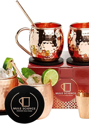 Advanced Mixology [Gift Set] Mule Science Moscow Mule Mugs Set of 4 (19 oz. large size) | 100% Handcrafted | Food Safe | Copper Mugs w/Accessories | Tarnish Resistant Copper Cups
