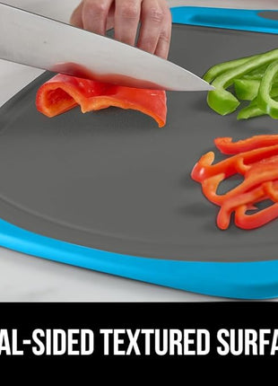 GORILLA GRIP BPA-Free Reversible Kitchen Cutting Board Set of 3, US Designed, Nonporous, Juice Grooves Catch Liquid, Slip Resistant Border, Dishwasher Safe, Durable Food Chopping Boards, Aqua Gray