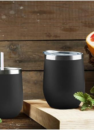 MEWAY 12oz/4 Pack Wine Tumbler Glasses with Lid - Stemless Double Wall Vacuum Stainless Steel Travel Tumbler - Keeping Cold & Hot for Wine,Coffee,Cocktails,Drinks-Family and Gifts (Black,Set of 4)
