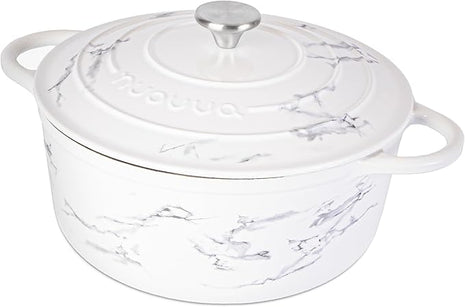 Cast Iron Dutch Oven with Lid – Non-Stick Ovenproof Enamelled Casserole Pot – Sturdy Dutch Oven Cookware – Marble, 6.4-Quart, 28cm – by Nuovva