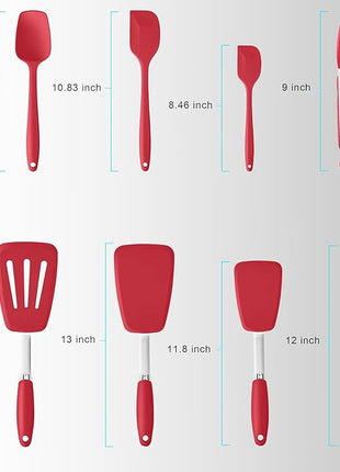 Silicone Spatulas Set Turners Tongs Cooking Utensils Set High Heat Resistant Kitchen Scraper Spatulas for Cooking Mixing Baking BPA Free Dishwasher Safe, Red