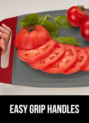 GORILLA GRIP BPA-Free Reversible Kitchen Cutting Board Set of 3, US Designed, Nonporous, Juice Grooves Catch Liquid, Slip Resistant Border, Dishwasher Safe, Durable Large Food Chopping Boards Red Gray