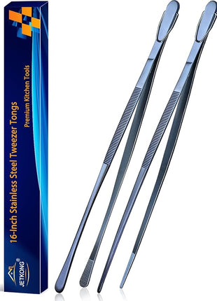 JETKONG 2 Pcs 16-Inch Heavy Duty Cooking Tweezers Extra Long Stainless Steel Kitchen Tweezers Large Plating Tongs (Navy Blue)