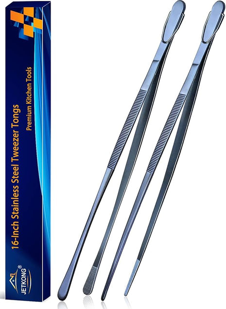 JETKONG 2 Pcs 16-Inch Heavy Duty Cooking Tweezers Extra Long Stainless Steel Kitchen Tweezers Large Plating Tongs (Navy Blue)