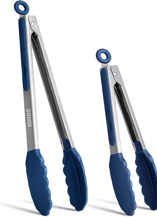 Kitchen Tongs, Stainless Steel Silicone Tongs for Cooking 600ºF High Heat-Resistant BBQ Grilling Locking Tongs, Set of 2-9" and 12" Classic Blue