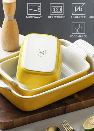 Sweejar Baking Pans Set, Ceramic 9x13 Baking Dish with Handle, Rectangular Casserole Dishes for Oven, Bakeware Sets of 3, Durable Lasagna Pan Deep for Kitchen, Banquet, Wedding Gift(Yellow)