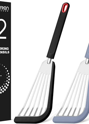 Silicone Fish Spatula Turner Set of 2, Thin Slotted Spatulas Turner for Nonstick Cookware,Heat Resistant Flexible Stainless Steel Kitchen Cooking Spatula Flipper for Fish, Egg, Pancake (BG)
