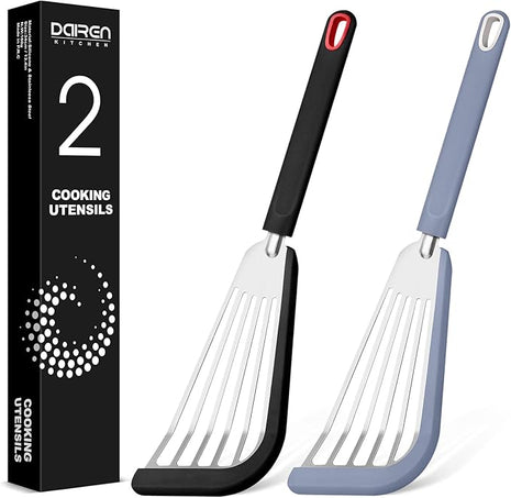 Silicone Fish Spatula Turner Set of 2, Thin Slotted Spatulas Turner for Nonstick Cookware,Heat Resistant Flexible Stainless Steel Kitchen Cooking Spatula Flipper for Fish, Egg, Pancake (BG)