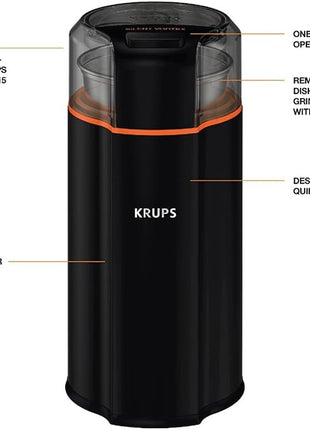 KRUPS Silent Vortex Electric Coffee Grinder: 3 oz Capacity, 5x Quieter, 175W Motor for Coffee Beans, Spices & Herbs - Removable Dishwasher-Safe Bowl, 12-Cup Yield, Black