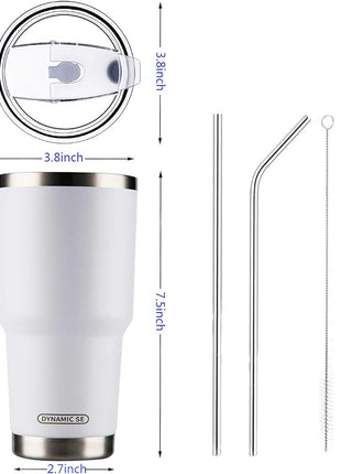 D·S 30oz White Tumbler Stainless Steel Double Wall Vacuum Insulated Mug with Straw and Lid, Cleaning Brush for Cold and Hot Beverages (30oz White)