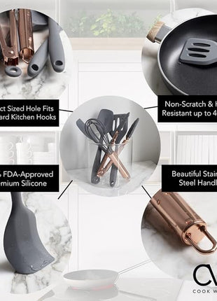 COOK WITH COLOR Silicone Cooking Utensils, Kitchen Utensil Set, Easy to Clean Silicone Kitchen Utensils, Cooking Utensils for Nonstick Cookware, Kitchen Gadgets Set, Mini, Gray