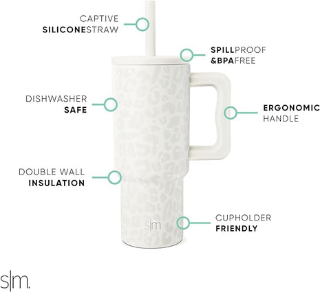 Simple Modern Kids 24 oz Tumbler with Handle and Silicone Straw Lid | Spill Proof and Leak Resistant | Reusable Stainless Steel Bottle | Gift for Kids Boys Girls | Trek Collection | Cream Leopard