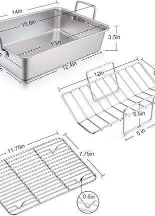 TeamFar Roasting Pan with Rack, 14 Inch Stainless Steel Turkey Roaster Lasagna Pan with V-Shaped Rack & Cooling Rack, Healthy & Sturdy, Brushed Surface & Dishwasher Safe, Rectangular - Set of 3