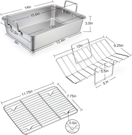 TeamFar Roasting Pan with Rack, 14 Inch Stainless Steel Turkey Roaster Lasagna Pan with V-Shaped Rack & Cooling Rack, Healthy & Sturdy, Brushed Surface & Dishwasher Safe, Rectangular - Set of 3