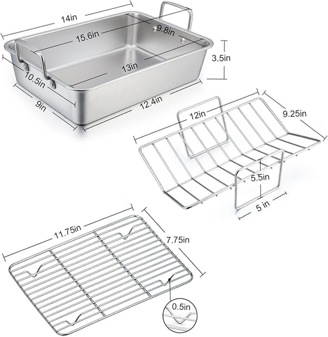 TeamFar Roasting Pan with Rack, 14 Inch Stainless Steel Turkey Roaster Lasagna Pan with V-Shaped Rack & Cooling Rack, Healthy & Sturdy, Brushed Surface & Dishwasher Safe, Rectangular - Set of 3