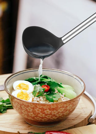 Silicone Pasta Fork and Soup Ladle Set, Non-Stick BPA Free Heat-Resistant Handy Kitchen Utensils for Cooking, Serving, Draining, Stirring (Black)