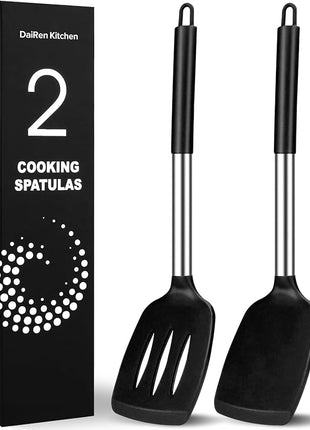 2 Pack Silicone Spatulas Turners, Stainless Steel Cooking Utensils BPA Free,Heat Resistant,Non Stick,Rubber Spatulas for Fish, Eggs, Pancakes, WOK, Black