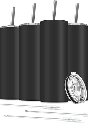 6 Pack Stainless Steel Skinny Tumbler, 20 OZ Double-Insulated Water Tumbler Cup with 6 Straw and 3 Brush, Vacuum Travel Mug Gift for Hot Cold Drinks with Cleaning(Black)