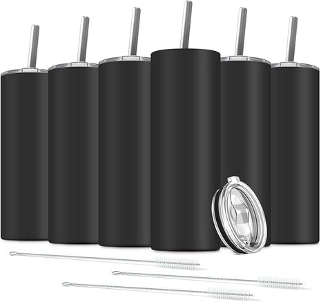 6 Pack Stainless Steel Skinny Tumbler, 20 OZ Double-Insulated Water Tumbler Cup with 6 Straw and 3 Brush, Vacuum Travel Mug Gift for Hot Cold Drinks with Cleaning(Black)