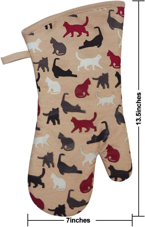 RED LMLDETA Oven Mitts Gloves 1 Pair Heat Resistant 480 ℉ Non Slip Clear Silicone Printed Comfortable Cotton Lining Kitchen Women Men Cooking Barbecue Microwave Machine Washable (Cat, Khaki Mittens)