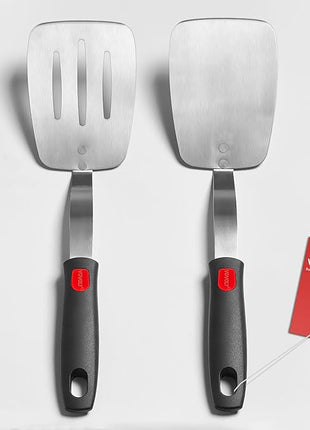 Stainless Steel Spatula Turner Set, 2-Pack Metal Spatula for Kitchen Use,VOVOLY Heavy Duty Cooking Turners, Wide Blade with Beveled Edge, Heat Resistant Silicone Handle, Dishwasher Safe